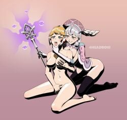 2girls 4headboiii ass blonde_hair blue_eyes breasts elbow_gloves female female_only femsub fiora_(xenoblade) gloves green_eyes grey_hair hair_curl hand_on_head hand_on_own_breast head_wings headdress headgear holding_staff hypnosis kneeling large_breasts masturbation melia_antiqua mind_control multiple_girls navel nintendo nipples nude nude_female open_mouth robotic_body short_hair staff thighhighs xenoblade_(series) xenoblade_chronicles yuri