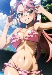 1girls ai_generated artist_request big_breasts bikini busty cleavage female female_only highschool_of_the_dead large_breasts legs long_hair navel pink_bikini pink_hair saya_takagi smile thighs voluptuous