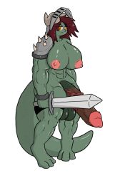 1futa 1stborn_failure areolae balls breasts erection futa_only futanari green_skin huge_balls huge_cock humanoid humanoid_penis lizard monster_girl muscular muscular_futanari nipples nude penis scalie solo standing sword tail vaginal_penetration