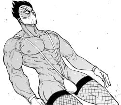 1boy bb_(baalbuddy) black_hair bulge empty_eyes fishnet_stockings fishnets gloves hentai_kamen male male_only mask monochrome muscles muscular muscular_male penis_bulge shikijou_kyousuke sling_bikini solo very_high_resolution white_background