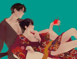 2boys brown_hair cleavage dark_brown_hair dark_hair dark_purple_hair flower gintama japanese_clothes kimono leaning_back lying_on_person male male_only obi profile purple_hair reclining sakamoto_tatsuma smile takasugi_shinsuke teal_background yaoi