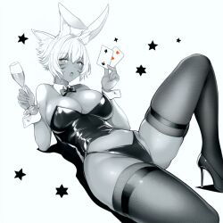 bunny_ears bunny_girl bunnysuit card cards cat_ears catgirl female final_fantasy final_fantasy_xiv glass looking_at_viewer miqo'te square_enix stars y'shtola