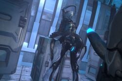 1boy 1girls 3d ass erection exposed_pussy maxoffewtrades nyx_(warframe) penis presenting pussy robot thighs warframe