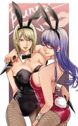 2girls alternate_costume black_leotard blonde_hair bowtie bunny_ears bunny_girl bunny_tail bunnysuit cleavage detached_collar earrings facial_scar female female_only fishnets gintama glasses kunai kunoichi long_hair looking_at_viewer looking_back medium_breasts medium_hair playboy_bunny purple_hair red-framed_glasses red_leotard sarutobi_ayame shinoanko sideboob smile tsukuyo wide_hips wrist_cuffs