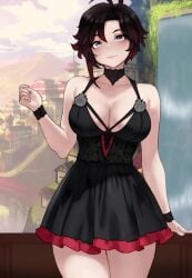 1girls alternate_breast_size animated bare_shoulders big_breasts black_dress black_hair bluefield blush breasts cleavage clothed clothes clothing dress female female_only heart hips huge_breasts human human_only large_breasts light-skinned_female light_skin looking_at_viewer no_sound outdoors red_hair ruby_rose rwby segal03 short_hair shorter_than_10_seconds shorter_than_30_seconds silver_eyes smile solo solo_female tagme thick thick_thighs thighs video wide_hips