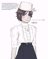 1boy 1femboy belt belt_buckle beltskirt black_eyes black_skirt blookswashinda blouse blush blush_lines blushing blushing_at_viewer brown_belt brown_hair buckle button_(fastener) button_down_shirt buttoned_shirt buttons clothed clothes clothing crossdressing embarrassed english_text femboy feminine feminine_male frilled_shirt frills fully_clothed girly hair hat height higher_resolution_available human human_only jewelry leather_belt light-skinned_male light_skin long_skirt long_sleeves looking_at_viewer low_res lowres male_focus male_only motion motion_lines motion_outline necklace nervous nervous_smile nervous_sweat nestor_makhno shaking shirt shirt_tucked_in shirt_tucked_in_skirt short_hair short_male short_sleeves simple_background skirt skirt_suit sleeves sleeves_rolled_up smile smiling smiling_at_viewer solo solo_male sweat sweatdrop sweating text trap trembling twink white_background white_blouse white_headwear white_shirt wikipedia