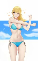 1girls beach big_breasts blonde blonde_female blonde_hair blue_bikini blue_eyes blue_swimsuit blush female_focus female_only final_fantasy final_fantasy_xiv jamjam jamjamstyle light-skinned_female long_hair lyse_hext seagull sky smiling_at_viewer solo solo_female solo_focus square_enix stars stretch stretching sweat swimsuit swimwear thick_thighs wide_hips wink winking_at_viewer