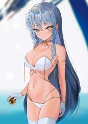 1girls 1other belly_button bikini blue_hair blush female fingerless_gloves flowers_in_hair gloves helmet heroji_(namiji_freesia) light-skinned_female light_skin looking_at_viewer namiji_freesia navel production_kawaii rifu_ smile solo virtual_youtuber yellow_eyes