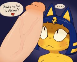 ... 1boy 1girls 5:4 :< animal_crossing ankha ankha_(animal_crossing) anthro big_penis blue_hair blush bodily_fluids dialogue digital_media_(artwork) domestic_cat duo egyptian english_text erection felid feline felis female genitals hair heart huge_cock human imminent_impregnation imminent_sex interspecies intimidation looking_at_genitalia looking_at_penis male male/female mammal nintendo nude penis simple_background speech_bubble sweat tagme text yellow_body zlut385