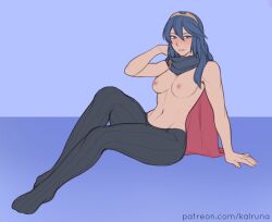 1girls blue_eyes blue_hair breasts cape female female_only fire_emblem fire_emblem_awakening grin hair_between_eyes kalruna long_hair looking_at_viewer lucina_(fire_emblem) medium_breasts nintendo nipples pantyhose sitting smile solo tiara topless