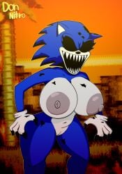 anthro areola big_areola big_breasts breasts clothing donnitro72 eulipotyphlan exe_(revie) female friday_night_funkin friday_night_funkin_mod genitals gloves handwear hedgehog hi_res huge_breasts mammal navel nipples nude pussy sega sharp_teeth smile solo sonic.exe sonic_(series) sonic_the_hedgehog_(series) teeth watermark