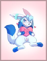 blue_eyes blush coffeefly eeveelution english_text female feral fur genitals glaceon heart hi_res nintendo pawpads pokémon_(species) pokemon pussy solo text