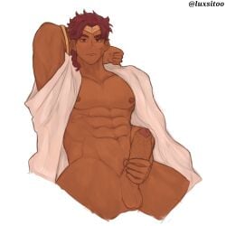 bara cookie_run cookie_run_kingdom dark_skin erection gay looking_at_viewer luxsitoo_(artist) masturbation muscular muscular_male open_clothes solo solo_male wildberry_cookie