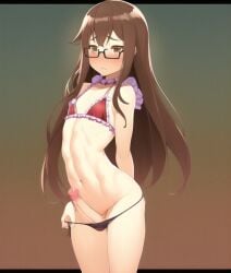 1boy ai_generated arms_behind_back armure bikini blush brown_eyes brown_hair crossdressing erect_penis erection erection_under_clothes femboy feminine_male frills glasses male male_only nai_diffusion navel otoko_no_ko panties panties_down penile penis red_bikini sissy sole_male solo solo_focus stable_diffusion submissive_male tagme trap veiny_penis