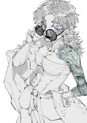 abs alternate_costume bandages blue_eyes cleavage curly_hair female female_only genderswap_(mtf) gintama hand_on_hip irezumi long_hair looking_at_viewer medium_breasts open_mouth rule_63 sakamoto_tatsuma sarashi smile solo spot_color sukura_yuxun sunglasses sunglasses_removed tattoo tattooed_arm toned toned_female toned_stomach underboob