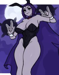 1girls alternate_version_available bare_shoulders big_breasts bowtie breasts bunny_ears bunny_girl bunnysuit cape cartoon_network cleavage clothed clothing dc dc_comics dolecat female female_only forehead_jewel grey_skin latex looking_at_viewer moon navel purple_eyes purple_hair rachel_roth raven_(dc) shiny_clothes short_hair smile solo solo_female teen_titans tight_clothing wide_hips