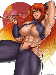 1girls abs artist_name athletic athletic_female biceps cheekie0 erect_nipples erect_nipples_under_clothes fuma_kotaro_(tenkaichi) hi_res kiseru matching_hair/eyes muscular muscular_arms muscular_female muscular_legs muscular_thighs obliques red_eyes red_hair tenkaichi_nihon_saikyou_bugeisha_ketteisen thick_ass thick_legs toned toned_body toned_female toned_legs toned_stomach twitter_username