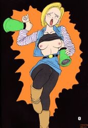 android_16 android_18 boots breasts clothing dragon_ball dragon_ball_z female front_view human pale_skin pantyhose partially_clothed solo_focus tagme