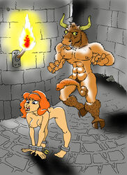 bent_forward big_penis bondage bovine_penis breasts chained daphne_blake dennis_clark female furry greek_mythology hooves horns horns_and_hooves human imminent_sex long_penis male minotaur nipples nude_female penis purple_eyes red_hair restrained restrained_wrists scooby-doo straight