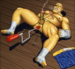 abs anal anal_insertion artist_request bald bondage bound_penis capcom cum cumshot ejaculation erection eye_patch eyewear feet human male male_only navel nipples nude pecs penis sagat scar sex_toy shorts solo street_fighter sweat testicles uncensored vein veiny_penis