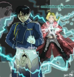 2011 2boys alphonse_elric balls black_hair blonde blonde_hair blush blushing braid braided_ponytail edward_elric embarrassed flaccid flaccid_penis fullmetal_alchemist gay gloves human magic male male/male male_focus male_only massive_destruction multiple_males penis prank roy_mustang tagme testicles transparent_clothing watermark white_gloves yaoi