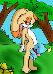 1girls chao_(sonic) cheese_the_chao color cream_the_rabbit cunnilingus female fur furry grinch_(artist) oral rabbit sega sonic_(series) tree