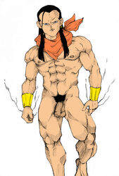 1boy abs android_17 balls bandana_on_neck bara beige_skin biceps body_hair bodybuilder bracelet color dragon_ball dragon_ball_gt earrings foreskin front_view human human_only jhemos long_hair male male_chest male_focus male_nipples male_only muscle muscles muscular muscular_legs muscular_male nipples nude nude_male pecs penis pubic_hair six_pack solo solo_focus solo_male standing super_android_17 thick_legs