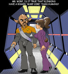 1girls anthro anthro_only betazoid_(species) bulge clothed combadge deanna_troi dennis_clark dialogue english_text female furry klingon_(species) nipple_bulge phaser star_trek star_trek_the_next_generation starfleet_insignia starfleet_uniform text worf