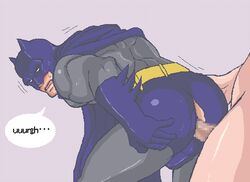 2boys anal anal_penetration batman batman_(bruce_wayne) batman_(series) bent_forward bruce_wayne bulge cape censored clothed_male_nude_male cmnm cowl dc_comics gay gloves holding_own_ass male male_only mosaic_censoring mostly_offscreen_character multiple_boys multiple_males pixelated pointless_censoring sex speech_balloon split_pants superhero superhero_costume tagme thrusting_into_ass yaoi