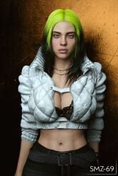 1girls 3d 3d_(artwork) background big_breasts billie_eilish black_hair brown_background celebrity cleavage daz_studio female fully_clothed green_hair looking_at_viewer looking_pleasured muscular muscular_female smz-69 two_tone_hair