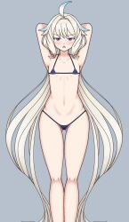 1girls ahoge armpits arms_behind_head arms_up ass_visible_through_thighs bare_midriff bare_shoulders bikini bikini_only blue_hair blush enna_alouette exposed_shoulders exposed_torso flat_chest flat_chested front_view legs long_hair long_twintails looking_at_viewer micro_bikini midriff nijisanji nijisanji_en purple_eyes small_breasts solo solo_female solo_focus thatpervtako_(shinki93) twintails two_tone_hair virtual_youtuber white_hair