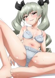 absurdres anchovy_(girls_und_panzer) bikini black_ribbon blush breasts brown_eyes drill_hair feet girls_und_panzer green_hair highres long_hair looking_at_viewer oinari_(koheihei1109) open_mouth panties ribbon small_breasts spread_legs stomach swimsuit twin_drills twintails underwear wet