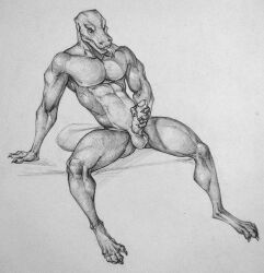 absurd_res anthro forked_tongue genitals hi_res komodo_dragon lizard mack_reinhardt male masturbation monitor_lizard monochrome nude nude_male penis ratcatcher reptile scalie solo tongue