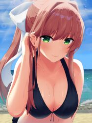 absurdres arm_at_side bangs beach bikini black_bikini blue_sky bow breasts cleavage closed_mouth cloud collarbone doki_doki_literature_club female frilled_bikini frills front-tie_bikini_top front-tie_top green_eyes hair_between_eyes hairbow hand_up highres large_breasts leaning_forward long_hair looking_at_viewer monika_(doki_doki_literature_club) ocean outdoors playing_with_own_hair ponytail sand sascha517 shiny_skin sidelocks sky smile solo sparkle sunlight sweat sweatdrop swimsuit upper_body water waves white_bow