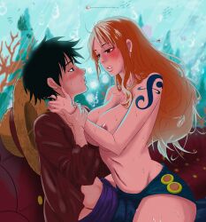 1boy 1boy1girl 1girls almost_naked aquarium areolae aroused belly belly_button big_breasts bikini_top_removed black_hair blush breasts busty couch couple curvy curvy_female denim_shorts female fish horny intimate long_hair lumi_michi male monkey_d_luffy muscular_male nami necklace nipples one_piece open_shirt orange_hair post-timeskip sash scar sensual short_hair short_shorts shorts shoulder_tattoo sitting sitting_on_person skimpy skimpy_clothes straw_hat sweat tattoo thick_thighs topless underwater water