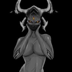 1girls 3_eyes black_background black_sclera breasts cleavage covered_mouth covering_breasts demon demon_girl demon_horns female forehead_eye hellsinger horns large_breasts looking_at_viewer mask metal:_hellsinger mo-haniibanchi monochrome mouth_mask multi_eye nude nude_female orange_eyes pinup pinup_pose solo spot_color unknown_(metal:_hellsinger)