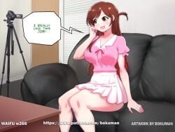 1girls big_ass big_breasts big_butt bokuman brown_eyes brown_hair casting casting_couch casting_couch_series casting_room english_text female female_only imminent_penetration imminent_sex imminent_vaginal kanojo_okarishimasu large_ass large_breasts large_butt long_hair micro microskirt miniskirt mizuhara_chizuru pink_shirt school_uniform schoolgirl sitting skirt solo text thick thick_ass thick_hips thick_legs thick_thighs white_skirt