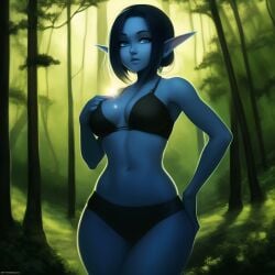 1girls ai_generated bikini black_bra black_panties dark_blue_skin elf elf_ears elf_female female female_only forest forest_background nai_diffusion pointy_ears stable_diffusion tagme