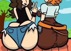 2girls ass_focus bakugan bakugan_new_vestroia brown_hair chillfab female female_only hilda_(pokemon) huge_ass mira_clay multiple_girls orange_hair oversized_butt peace_sign pokemon pokemon_bw tagme thick_ass