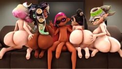 1boy 3d 4girls asmodeusthesexlord ass big_ass big_penis bubble_butt callie_(splatoon) chocolate_and_vanilla couch dark-skinned_female dark-skinned_male dark_skin female imminent_sex inkling inkling_boy light-skinned_female light_skin male marie_(splatoon) marina_(splatoon) nintendo octoling off_the_hook_(splatoon) pearl_(splatoon) penis splatoon splatoon_(series) squid_sisters tagme