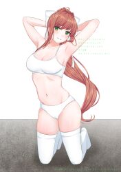 absurdres armpits arms_behind_head arms_up bangs blush bow breasts brown_hair cameltoe carpet cleavage collarbone commission doki_doki_literature_club female full_body green_eyes hairbow head_tilt highres indoors kneeling large_breasts long_hair looking_at_viewer mitarou_sk monika_(doki_doki_literature_club) navel open_mouth panties ponytail shiny_skin sidelocks smile solo stomach tank_top teeth thighhighs thighs underwear very_long_hair white_background white_bow white_panties white_tank_top white_thighhighs