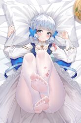 feet feet_up genshin_impact kamisato_ayaka kamisato_ayaka_(springbloom_missive) lying_on_back lying_on_bed see-through_legwear thighs