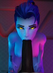 3d amber_eyes amelie_lacroix big_penis blizzard_entertainment blowjob blue_hair dark-skinned_male dark_skin erection exposed_breasts eye_contact fellatio interracial kneeling large_penis light-skinned_female light_skin looking_at_viewer male_pov nipples nude nude_female overwatch overwatch_2 painted_nails penis penis_in_mouth pov pov_eye_contact tattoo vanezza widowmaker yellow_eyes