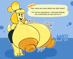 1girls alternate_breast_size animal_crossing anthro areolae breast_expansion canid canine casual_hyper casual_nudity dog_girl furry huge_breasts hyper hyper_breasts isabelle_(animal_crossing) looking_at_viewer massive_breasts mattthetooncat nintendo nipples shortstack sloshing_breasts sound_effects talking_to_viewer topless