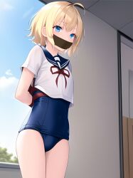 ai_generated arms_tied_behind_back barjoe01 blonde_hair blue_eyes bondage female gag gagged looking_at_viewer swimsuit tape_gag