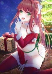 :d absurdres bare_shoulders blurry blurry_background breasts brown_hair choker christmas christmas_tree commentary doki_doki_literature_club english_commentary female fur-trimmed_legwear fur_trim gift green_eyes hair_ribbon highres long_hair looking_at_viewer mitarou_sk monika_(doki_doki_literature_club) open_mouth ponytail red_thighhighs ribbon smile solo thighhighs watermark white_choker white_ribbon