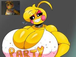 big_breasts black_sclera breasts five_nights_at_freddy's five_nights_at_freddy's_2 huge_breasts nipple_bulge omegabrawl reference_image sex_request smile solo tagme teeth teeth_showing tomboy toy_chica_(fnaf) toy_chica_(love_taste) white_pupils