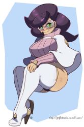 1girls cameltoe cute geeflakes glasses high_heels large_breasts looking_at_viewer nintendo panties pantyshot pokemon pokemon_sm purple_hair stockings thong upskirt wicke_(pokemon)