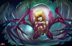 2018 6_eyes 8_legs andava arachnid arachnid_taur arthropod arthropod_abdomen arthropod_taur barely_visible_genitalia barely_visible_pussy big_breasts bite biting_lip blonde_hair breasts cave chromatic_aberration covering covering_crotch covering_nipples covering_pussy detailed_background exoskeleton eye_through_hair female front_view genitals glistening glistening_eyes hair hi_res inside light light_body light_skin lighting lips looking_at_viewer monster_girl multi_eye multi_leg multi_limb navel nipples nude pink_body pink_exoskeleton pink_lips pink_stripes purple_eyes pussy shadow short_hair solo spider spider_taur spider_web spread_legs spreading stripes sехual taur translucent translucent_hair