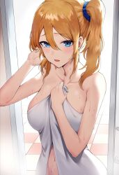 1girls bathroom big_breasts blonde_hair blue_eyes blush breasts collarbone eyebrows_visible_through_hair female female_focus female_only hayasaka_ai kaguya-sama_wa_kokurasetai_~tensai-tachi_no_renai_zunousen~ navel open_mouth parted_lips ponytail rororo side_ponytail towel towel_only wet wet_body wet_skin